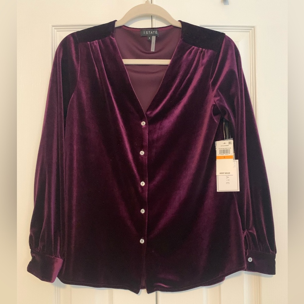 New w/ tags! 1.State Stretch velvet blouse, Deep plum, Small. MSRP $69